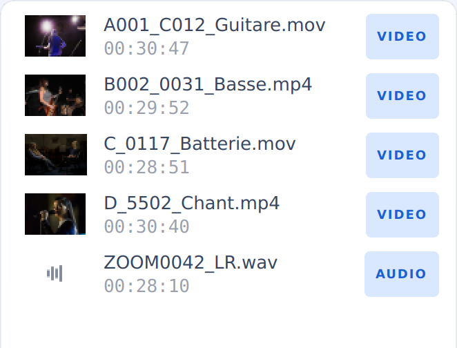 The media pool: four camera files and a recorder, with thumbnails and durations.