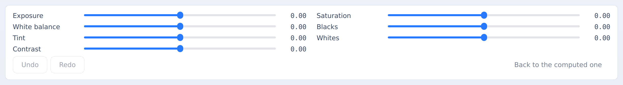 The fine controls: exposure, white balance, tint, contrast, saturation, blacks and whites.