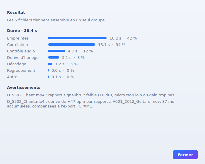 Le rapport : le temps passé à chaque étape, et les avertissements relevés.