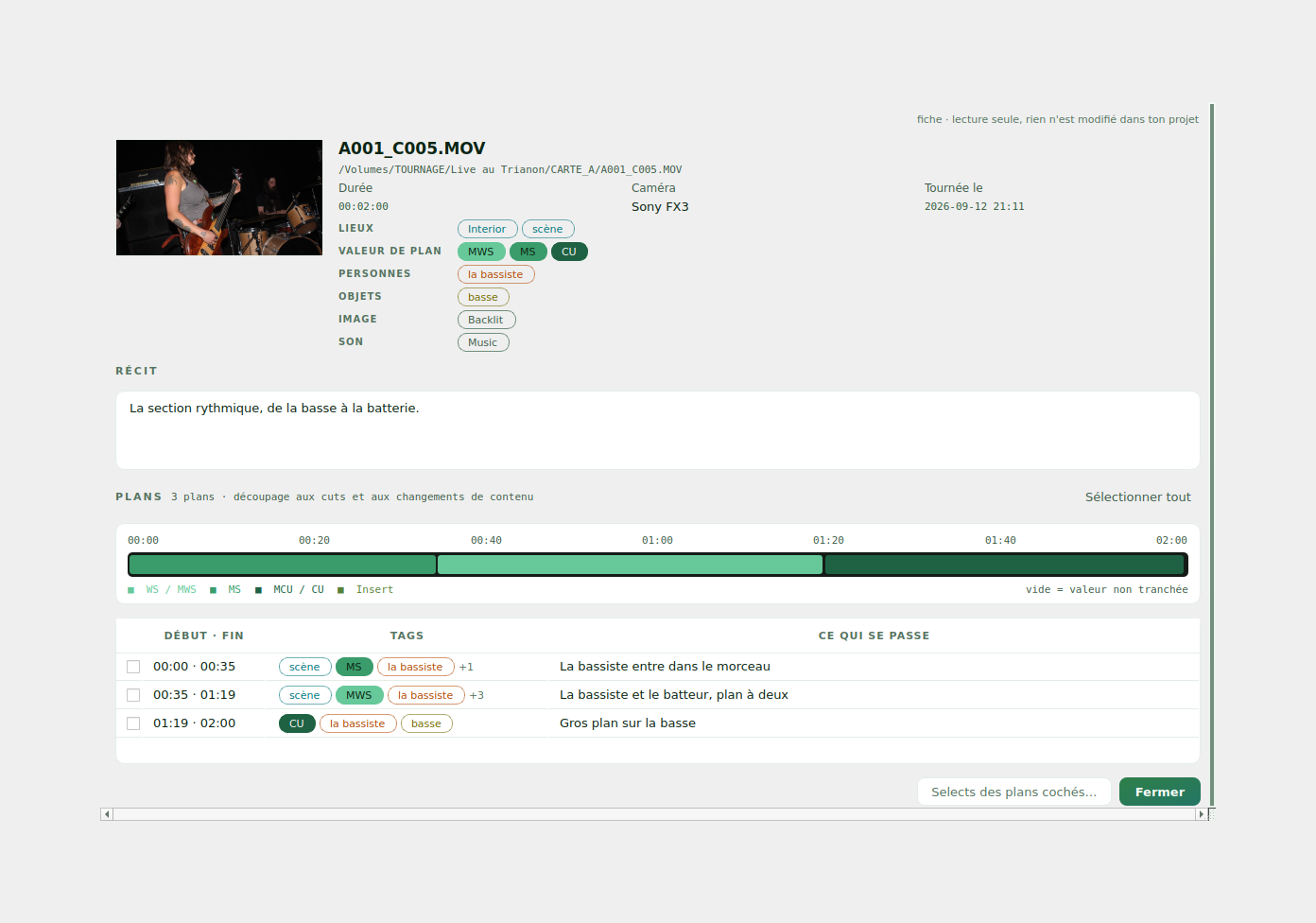 The sheet of a rush: its tags by category, its shots on a strip, and the table of shots with their in and out points.