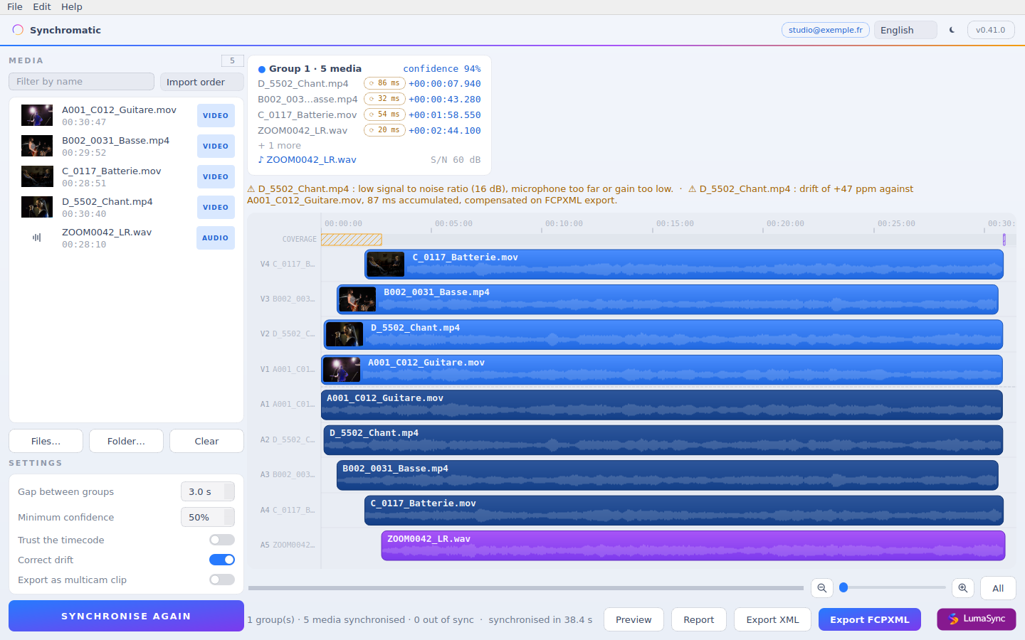A four-camera concert plus a recorder, after one pass. Every clip placed, drift measured per source, ready to export.